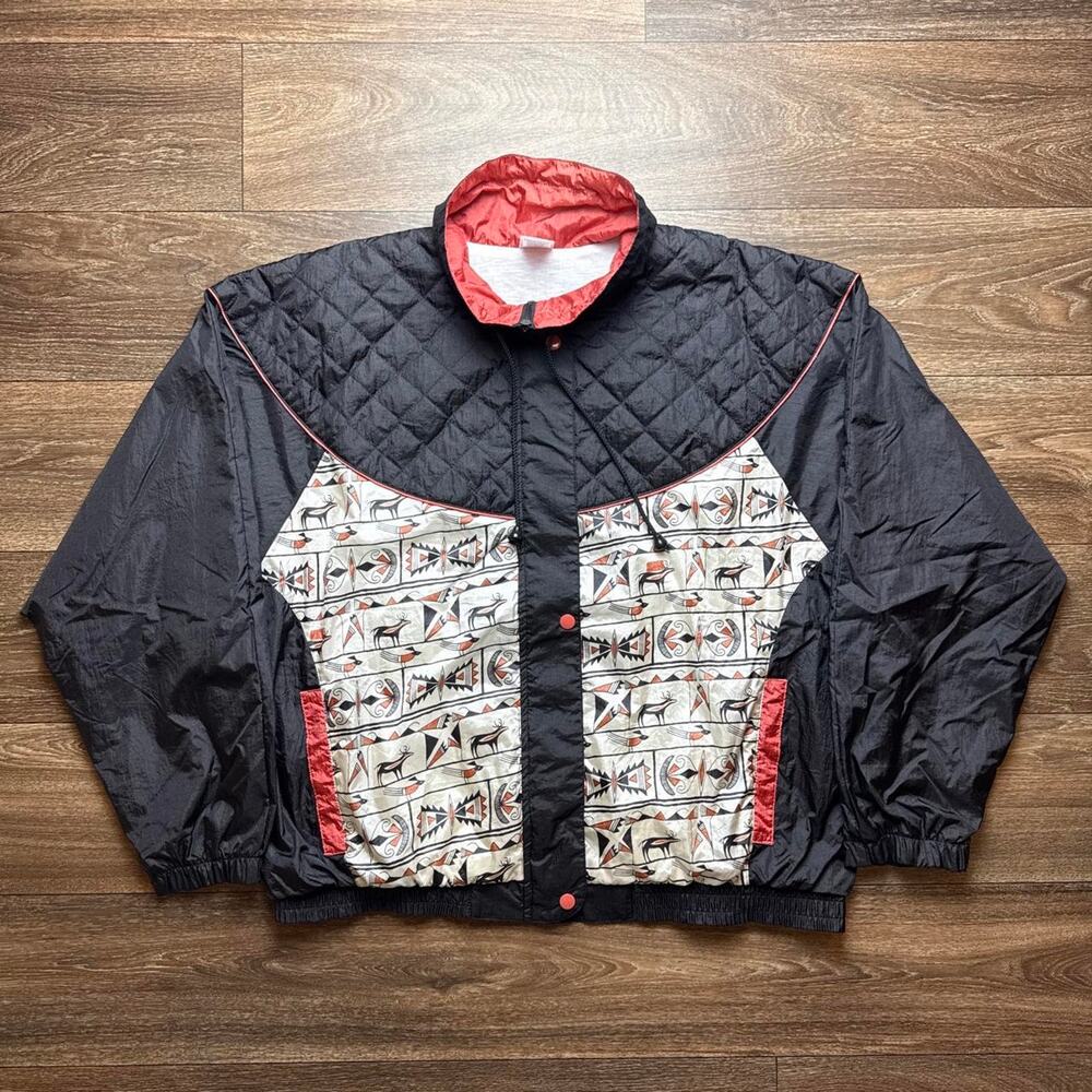 Vintage 1990s Black, White & Orange Windbreaker Jacket;Geometric & Animal Motifs